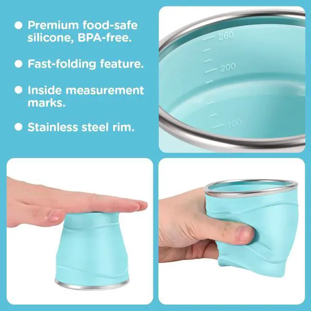 Alt view image 3 of 6 - 260ml Collapsible Silicone Cup with Lid,BPA-Free,304 Stainless Steel Rim,Portable Cup for Travel,Camping, Hiking,Outdoor Sports (Gray)