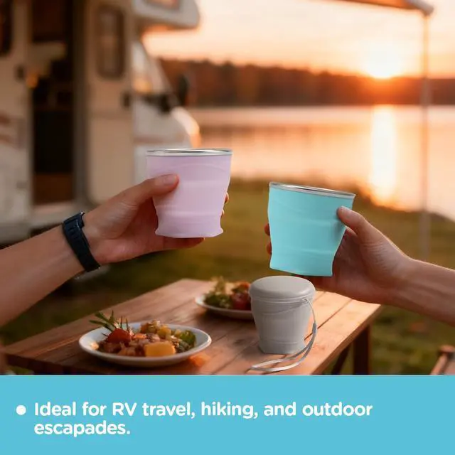Alt view image 4 of 6 - 260ml Collapsible Silicone Cup with Lid,BPA-Free,304 Stainless Steel Rim,Portable Cup for Travel,Camping, Hiking,Outdoor Sports (Gray)