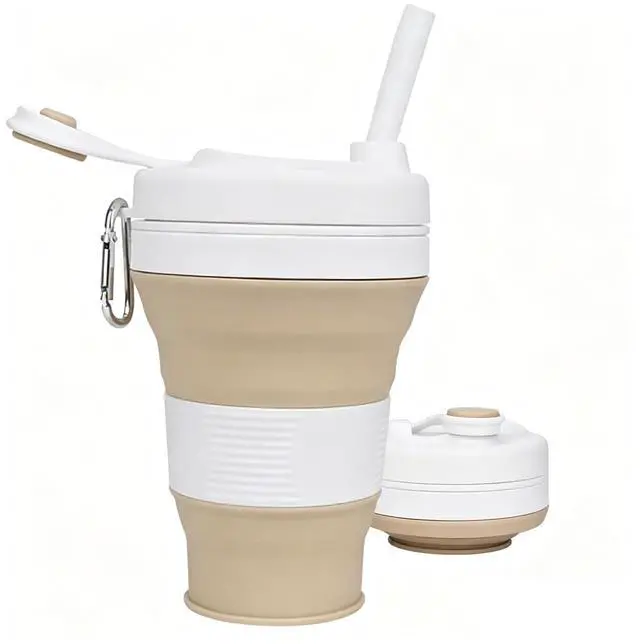 Main image of Collapsible Travel Cup, Silicone Coffee Cup with Lid, 20.3 oz Travel Coffee Mug with Straw, Folding Cup for Hiking Camping Office - Dishwasher Safe (Khaki)
