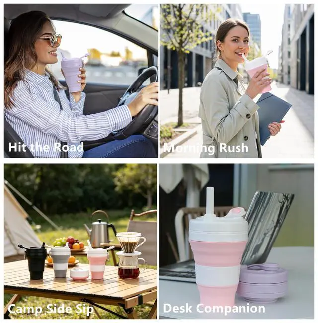 Alt view image 3 of 7 - Collapsible Travel Cup, Silicone Coffee Cup with Lid, 20.3 oz Travel Coffee Mug with Straw, Folding Cup for Hiking Camping Office - Dishwasher Safe (Khaki)
