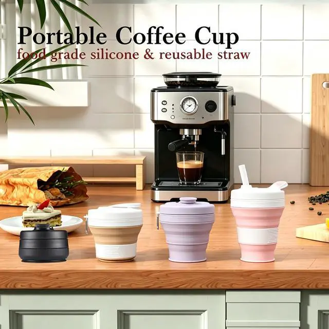 Alt view image 2 of 7 - Collapsible Travel Cup, Silicone Coffee Cup with Lid, 20.3 oz Travel Coffee Mug with Straw, Folding Cup for Hiking Camping Office - Dishwasher Safe (Khaki)