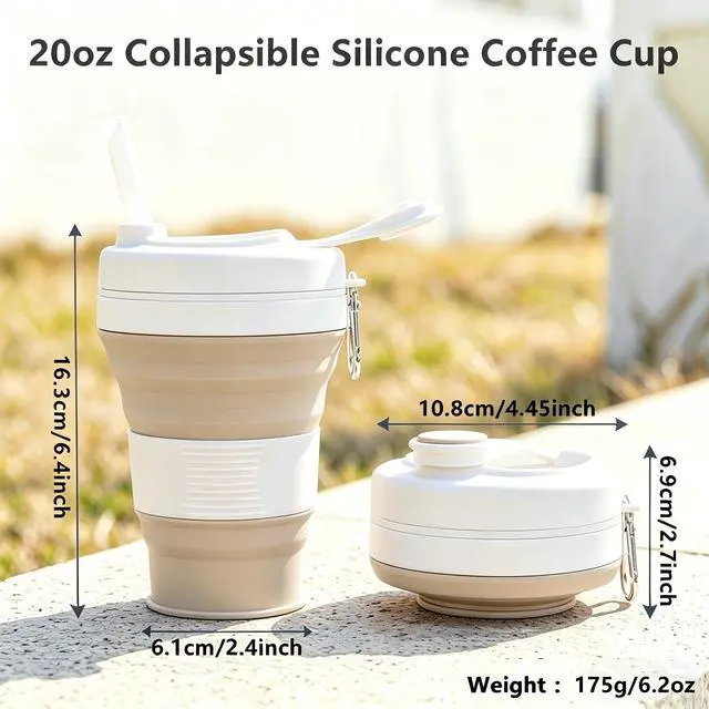 Alt view image 4 of 7 - Collapsible Travel Cup, Silicone Coffee Cup with Lid, 20.3 oz Travel Coffee Mug with Straw, Folding Cup for Hiking Camping Office - Dishwasher Safe (Khaki)