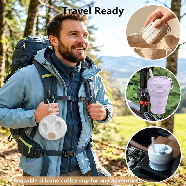 Alt view image 6 of 7 - Collapsible Travel Cup, Silicone Coffee Cup with Lid, 20.3 oz Travel Coffee Mug with Straw, Folding Cup for Hiking Camping Office - Dishwasher Safe (Khaki)