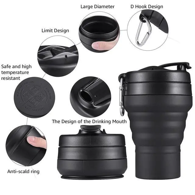 Alt view image 4 of 7 - Collapsible Cup for Traveling, 20 OZ 600ml Large Silicone Folding Camping Mug, Leak Proof BPA Free Portable Reusable Bottle for Coffee, Tea, Water, Camping, Hiking, Outdoor (Black)