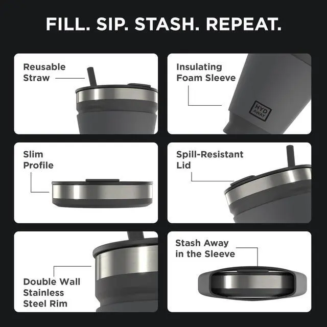 Alt view image 4 of 6 - Collapsible Insulated Tumbler 16oz, Reusable Coffee Cup with Straw