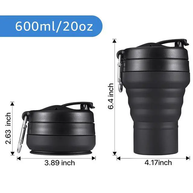 Alt view image 2 of 7 - Collapsible Cup for Traveling, 20 OZ 600ml Large Silicone Folding Camping Mug, Leak Proof BPA Free Portable Reusable Bottle for Coffee, Tea, Water, Camping, Hiking, Outdoor (Black)