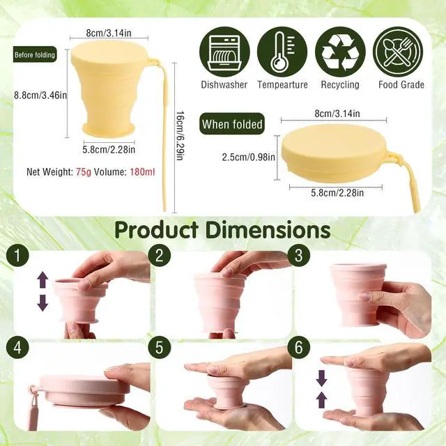 Alt view image 7 of 7 - Silicone Collapsible Travel Cups with Lids, Foldable Reusable 8 oz Drinking Mugs for Camping, Hiking, Outdoor & Travel - Portable Expandable Dishwasher Safe Cup Set