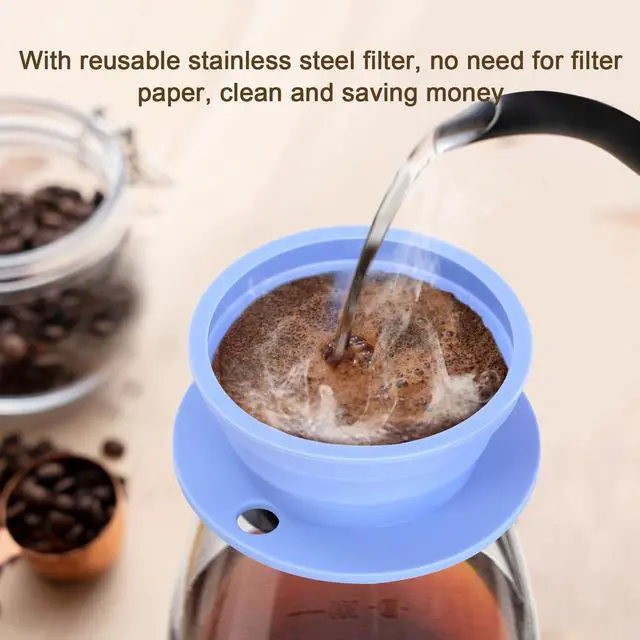 Alt view image 2 of 7 - Collapsible Paperless Pour Over Coffee Dripper, Single Cup Travel Pour Over Coffee Maker Camping, Portable Silicone PourOver Coffee Filter with Reusable Metal Mesh Filter (Blue)