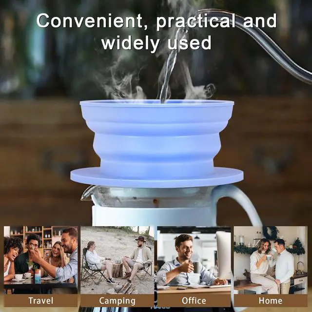 Alt view image 3 of 7 - Collapsible Paperless Pour Over Coffee Dripper, Single Cup Travel Pour Over Coffee Maker Camping, Portable Silicone PourOver Coffee Filter with Reusable Metal Mesh Filter (Blue)