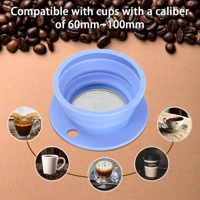 Alt view image 6 of 7 - Collapsible Paperless Pour Over Coffee Dripper, Single Cup Travel Pour Over Coffee Maker Camping, Portable Silicone PourOver Coffee Filter with Reusable Metal Mesh Filter (Blue)