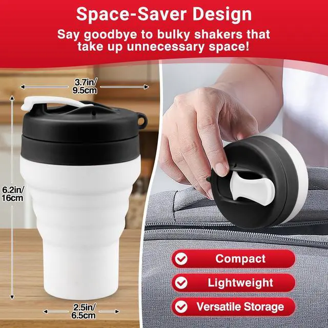 Alt view image 2 of 7 - Protein Shaker Bottle Collapsible - Food-Grade, Leakproof Lid 600mL/20oz Shaker - Reusable Silicone Shaker Cups for Protein Shakes for Gym-goers & Travelers