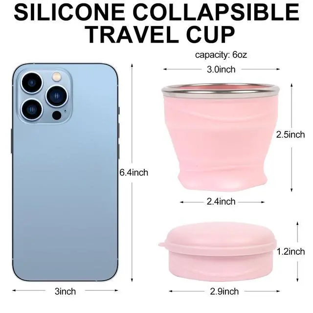 Alt view image 3 of 7 - Collapsible Travel Cup with Lid - 6oz Mini Silicone Folding Cup with Stainless Steel Rim - BPA Free Small Portable Pocket Cup for Camping, Hiking, Kids, Mouthwash & Pills (Sakura Pink)
