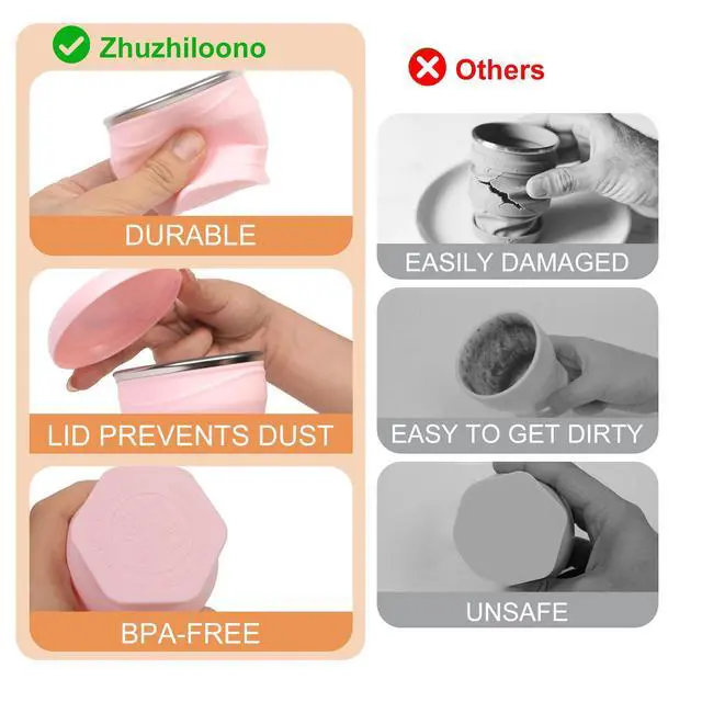 Alt view image 4 of 7 - Collapsible Travel Cup with Lid - 6oz Mini Silicone Folding Cup with Stainless Steel Rim - BPA Free Small Portable Pocket Cup for Camping, Hiking, Kids, Mouthwash & Pills (Sakura Pink)