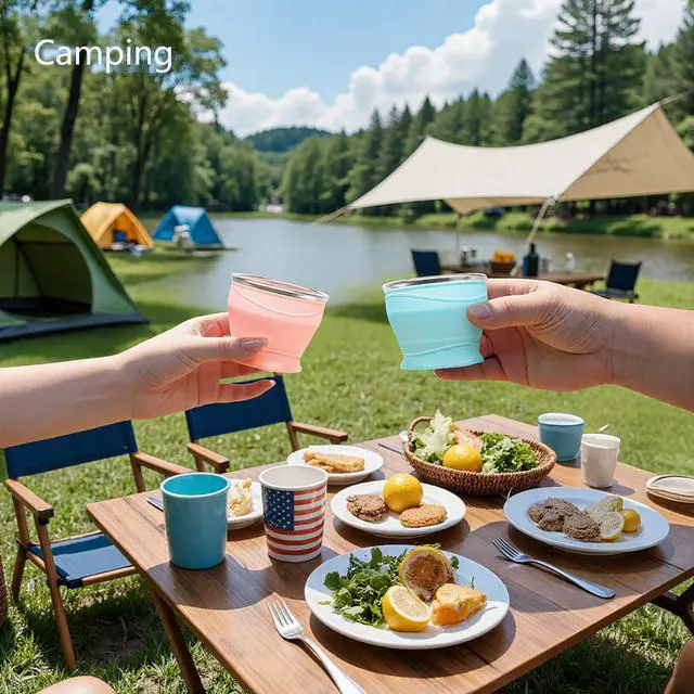 Alt view image 5 of 7 - Collapsible Travel Cup with Lid - 6oz Mini Silicone Folding Cup with Stainless Steel Rim - BPA Free Small Portable Pocket Cup for Camping, Hiking, Kids, Mouthwash & Pills (Sakura Pink)