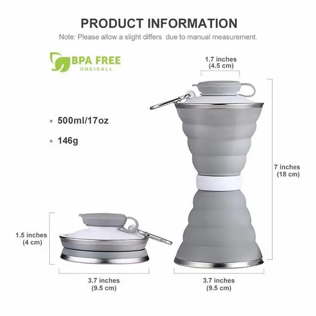Alt view image 7 of 7 - Collapsible Water Bottle, Camping Cup With Carabiner, Reuseable Silicone Foldable Leak Proof Portable Sports Travel Water Bottles For Outdoor, Travel Gym Hiking, BPA Free, Cycling Cups with Carabiner