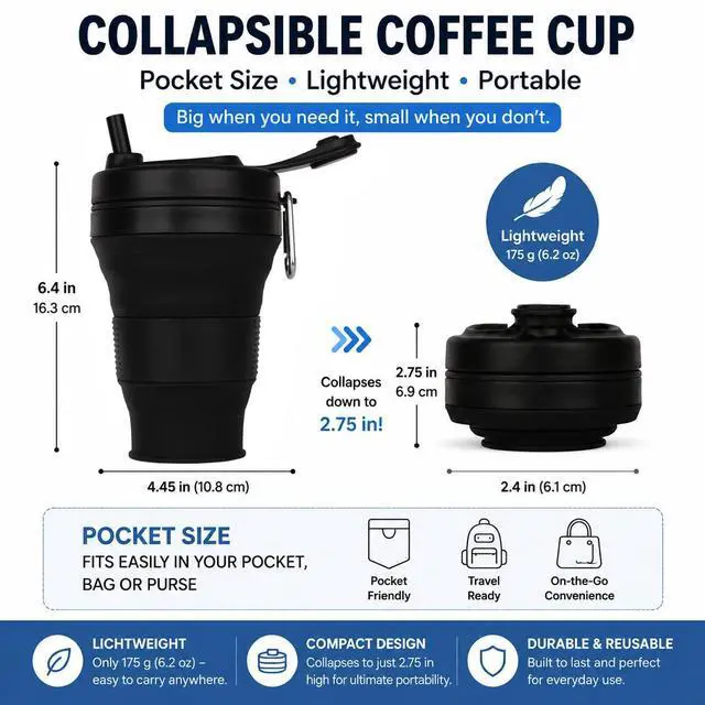 Alt view image 3 of 7 - Silicone Coffee Cup with Straw lid Collapsible Cups for Traveling 20oz Lightweight Folding Water Mug for Picnic Hicking Camping Climbing (Black)