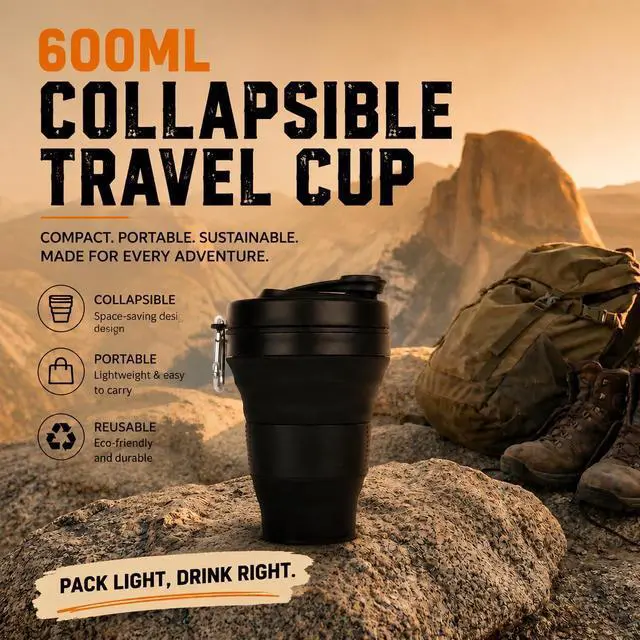 Alt view image 4 of 7 - Silicone Coffee Cup with Straw lid Collapsible Cups for Traveling 20oz Lightweight Folding Water Mug for Picnic Hicking Camping Climbing (Black)