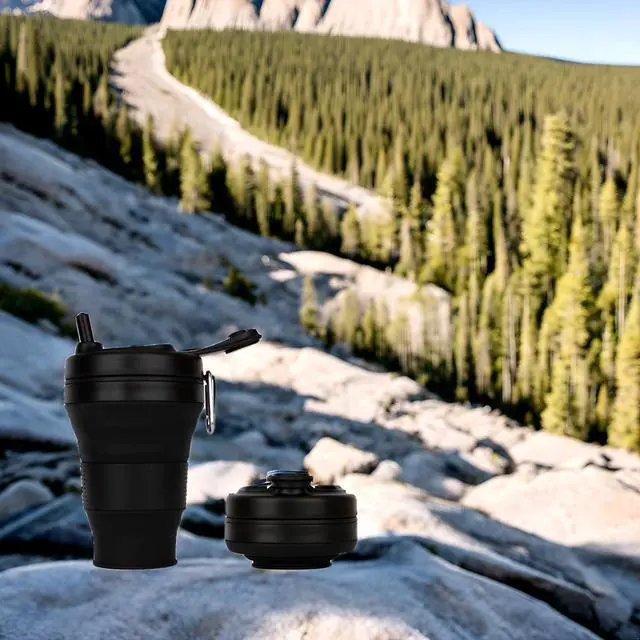 Alt view image 5 of 7 - Silicone Coffee Cup with Straw lid Collapsible Cups for Traveling 20oz Lightweight Folding Water Mug for Picnic Hicking Camping Climbing (Black)