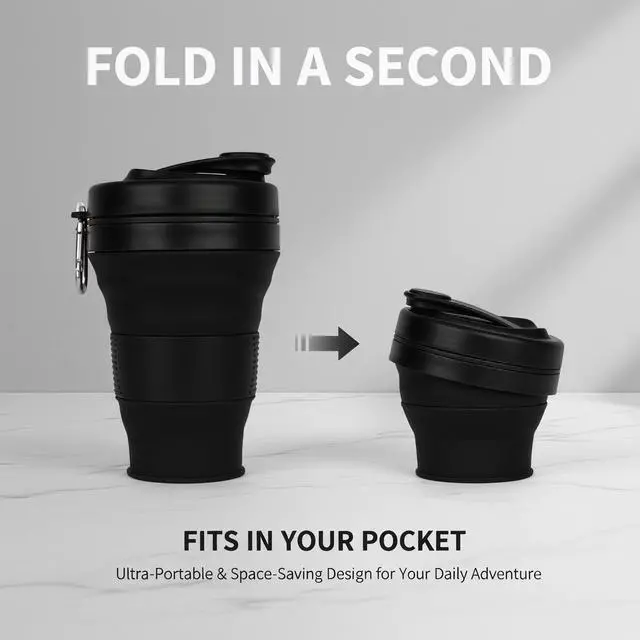 Alt view image 6 of 7 - Silicone Coffee Cup with Straw lid Collapsible Cups for Traveling 20oz Lightweight Folding Water Mug for Picnic Hicking Camping Climbing (Black)