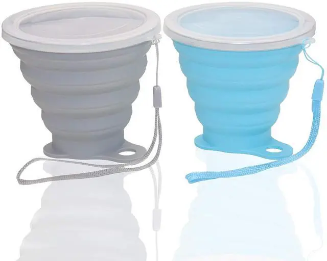 Main image of Silicone Collapsible Cups for Camping Travel, Small Portable Drinking Cup with Lids Reusable for Outdoor Hiking 270ml (Blue/Gray, 2 Pack)