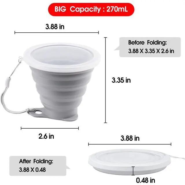 Alt view image 6 of 7 - Silicone Collapsible Cups for Camping Travel, Small Portable Drinking Cup with Lids Reusable for Outdoor Hiking 270ml (Blue/Gray, 2 Pack)