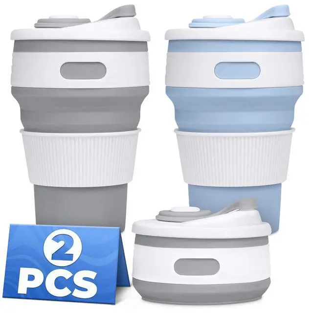 Main image of Collapsible Coffee Cup with Lid, 2-Pack Silicone, Foldable, Blue