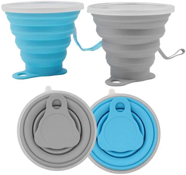 Main image of Collapsible Silicone Travel Cups with Lids Portable Folding Camping Cups (Grey & Blue)