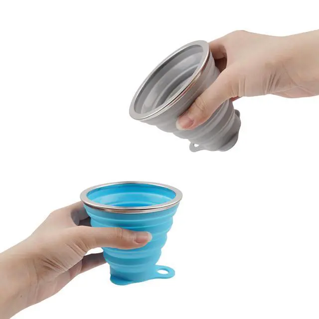 Alt view image 3 of 4 - Collapsible Silicone Travel Cups with Lids Portable Folding Camping Cups (Grey & Blue)