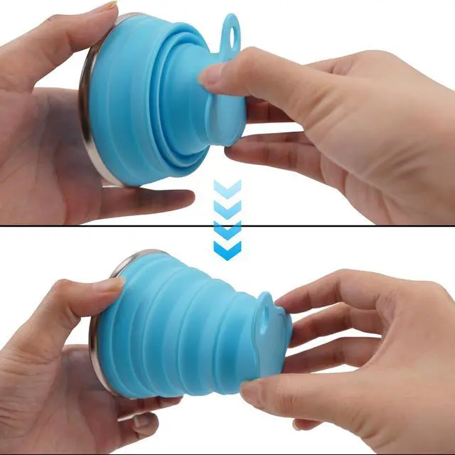 Alt view image 4 of 4 - Collapsible Silicone Travel Cups with Lids Portable Folding Camping Cups (Grey & Blue)