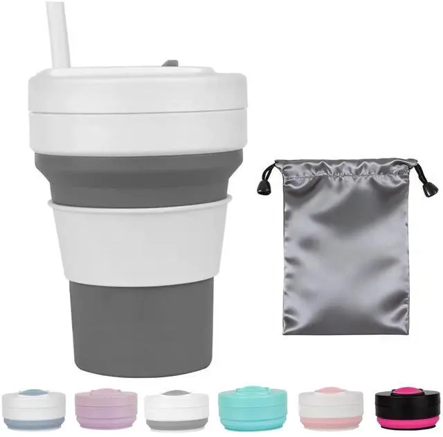Main image of Collapsible Travel Cup with Lid,Silicone Foldable Drinking Cup for Camping Hiking,Portable Silicone Water Bottle for Hot and Cold Beverages with Straw- Grey & White(Including Bag)