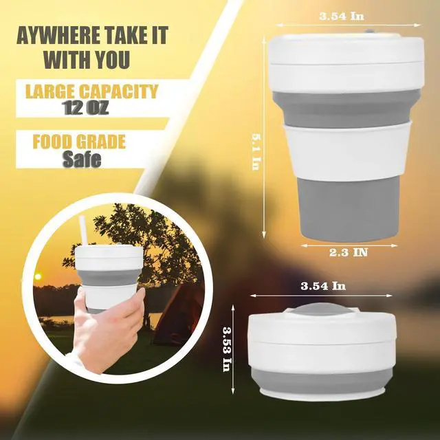 Alt view image 3 of 7 - Collapsible Travel Cup with Lid,Silicone Foldable Drinking Cup for Camping Hiking,Portable Silicone Water Bottle for Hot and Cold Beverages with Straw- Grey & White(Including Bag)