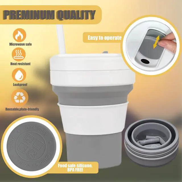 Alt view image 4 of 7 - Collapsible Travel Cup with Lid,Silicone Foldable Drinking Cup for Camping Hiking,Portable Silicone Water Bottle for Hot and Cold Beverages with Straw- Grey & White(Including Bag)