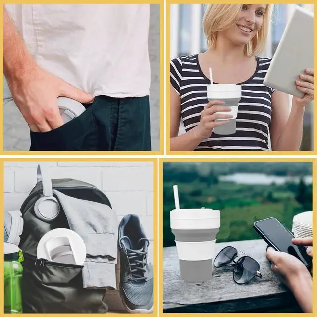 Alt view image 7 of 7 - Collapsible Travel Cup with Lid,Silicone Foldable Drinking Cup for Camping Hiking,Portable Silicone Water Bottle for Hot and Cold Beverages with Straw- Grey & White(Including Bag)