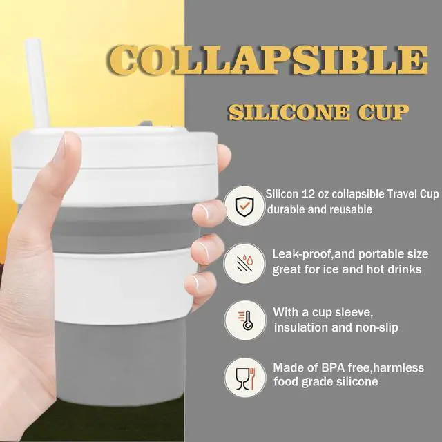 Alt view image 5 of 7 - Collapsible Travel Cup with Lid,Silicone Foldable Drinking Cup for Camping Hiking,Portable Silicone Water Bottle for Hot and Cold Beverages with Straw- Grey & White(Including Bag)