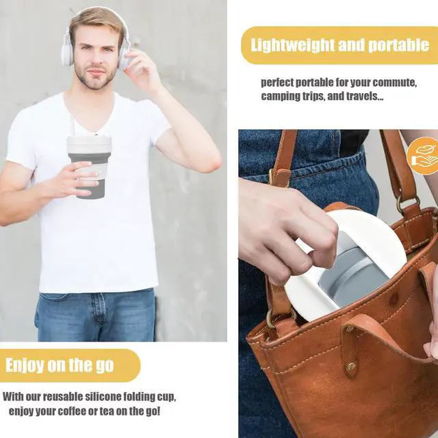 Alt view image 6 of 7 - Collapsible Travel Cup with Lid,Silicone Foldable Drinking Cup for Camping Hiking,Portable Silicone Water Bottle for Hot and Cold Beverages with Straw- Grey & White(Including Bag)