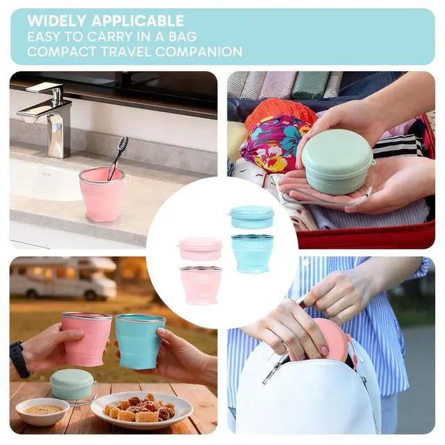 Alt view image 7 of 7 - Collapsible Cup, Folding Cup With Lid, 6Oz/ 180Ml Portable Pocket Cup For Mouthwash, Hiking, Camping, Travel, Outdoor Activities, 1 Pink + 1 Blue