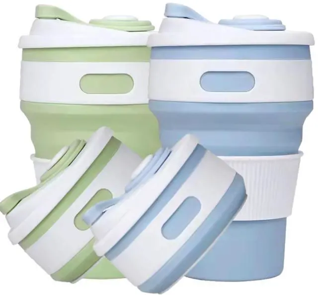 Main image of Collapsible Coffee Cups 12oz Reusable Travel Mugs Light Blue & Green Leakproof Foldable Silicone Heat Resistant Easy to Clean Great for Camping Office and Gifts