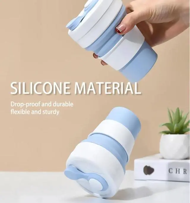 Alt view image 6 of 7 - Collapsible Coffee Cups 12oz Reusable Travel Mugs Light Blue & Green Leakproof Foldable Silicone Heat Resistant Easy to Clean Great for Camping Office and Gifts