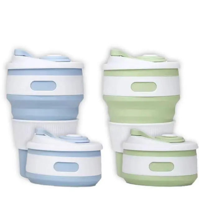 Alt view image 2 of 7 - Collapsible Coffee Cups 12oz Reusable Travel Mugs Light Blue & Green Leakproof Foldable Silicone Heat Resistant Easy to Clean Great for Camping Office and Gifts