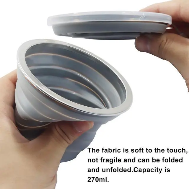 Alt view image 4 of 5 - Silicone Collapsible Cups for Camping Traveling, Small Portable Foldable Drinking Cup with Lid for Outdoor Hiking (270ml, Blue/Gray)