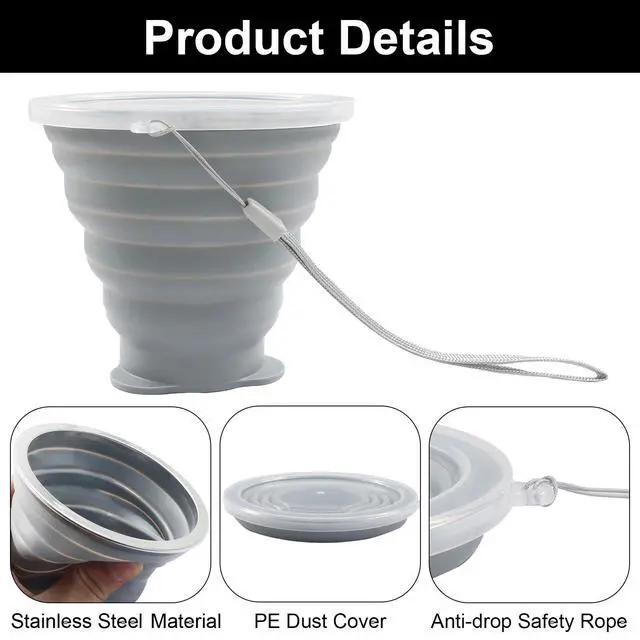 Alt view image 5 of 5 - Silicone Collapsible Cups for Camping Traveling, Small Portable Foldable Drinking Cup with Lid for Outdoor Hiking (270ml, Blue/Gray)