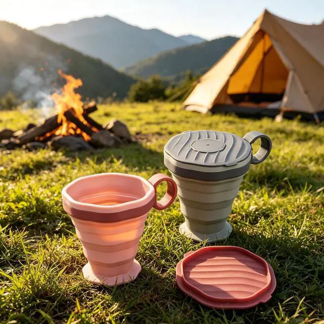 Alt view image 4 of 7 - foldable silicone cups, foldable travel cups with plastic lids, reusable portable cup set suitable for camping and hiking