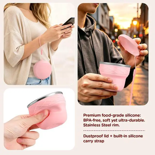 Alt view image 2 of 6 - Silicone Collapsible Travel Cup with Lid, 7oz/200ml BPA-Free, Portable for Travel, Business Trip, Camping, Hiking, Picnic, RV & Backyard Party (Yellow)