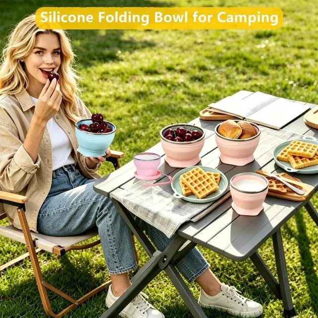 Alt view image 2 of 7 - Collapsible Bowl for Camping, Silicone Collapsible Bowl with Lid (Blue, 17.0, ounces)