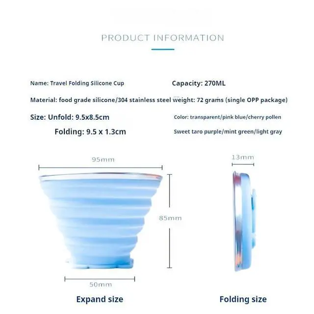 Alt view image 2 of 7 - Silicone Collapsible Travel Cup with Lid, 270ml, Blue