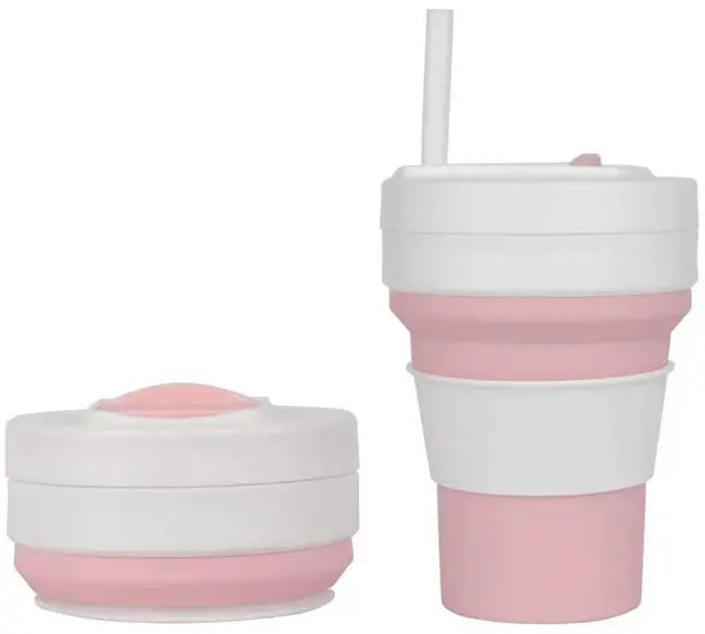 Main image of Collapsible Silicone Cup 12 oz BPA Free Reusable Travel Cup with Lid & Straw Foldable Pocket Size for Hot & Cold Drinks Camping, Hiking, Office, Outdoor (Pink & White)
