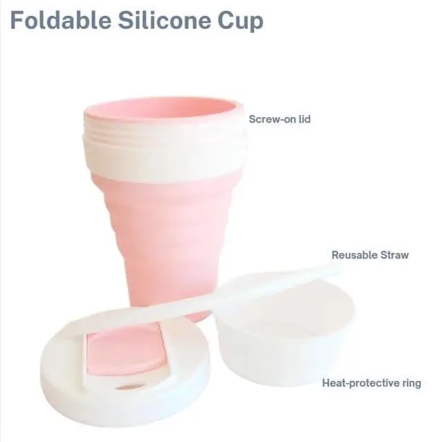 Alt view image 3 of 7 - Collapsible Silicone Cup 12 oz BPA Free Reusable Travel Cup with Lid & Straw Foldable Pocket Size for Hot & Cold Drinks Camping, Hiking, Office, Outdoor (Pink & White)