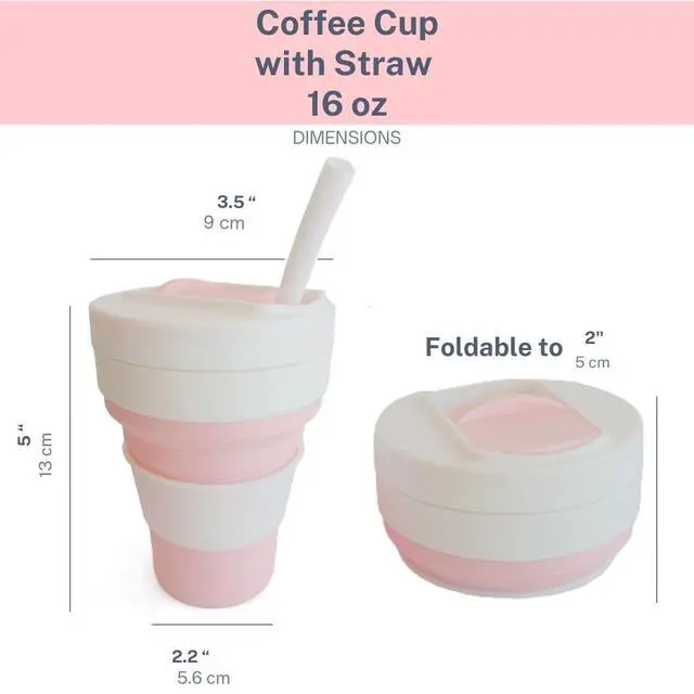 Alt view image 2 of 7 - Collapsible Silicone Cup 12 oz BPA Free Reusable Travel Cup with Lid & Straw Foldable Pocket Size for Hot & Cold Drinks Camping, Hiking, Office, Outdoor (Pink & White)