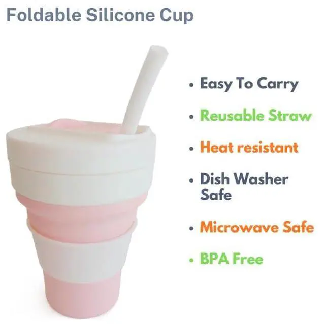 Alt view image 4 of 7 - Collapsible Silicone Cup 12 oz BPA Free Reusable Travel Cup with Lid & Straw Foldable Pocket Size for Hot & Cold Drinks Camping, Hiking, Office, Outdoor (Pink & White)