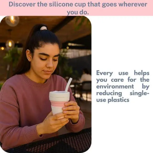 Alt view image 5 of 7 - Collapsible Silicone Cup 12 oz BPA Free Reusable Travel Cup with Lid & Straw Foldable Pocket Size for Hot & Cold Drinks Camping, Hiking, Office, Outdoor (Pink & White)